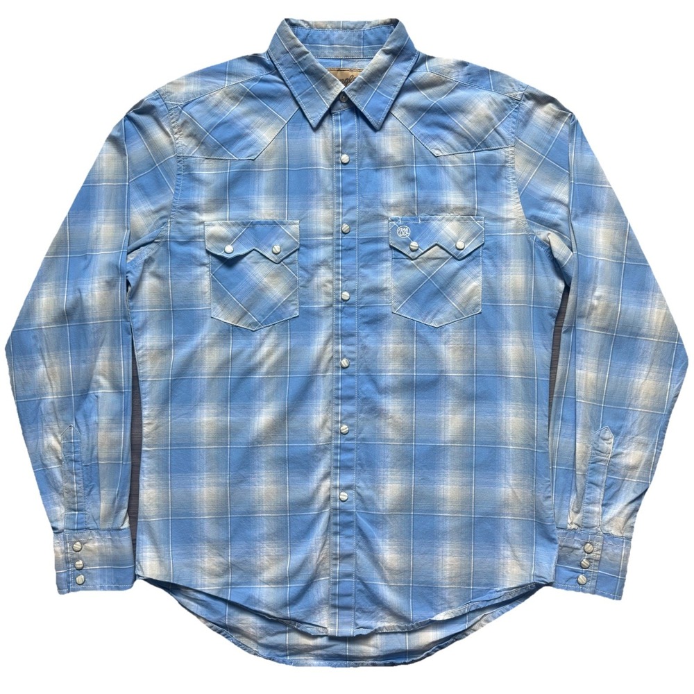 Wrangler Retro Western Shirt Mens Size Medium Pearl Snap Blue Plaid Cowboy